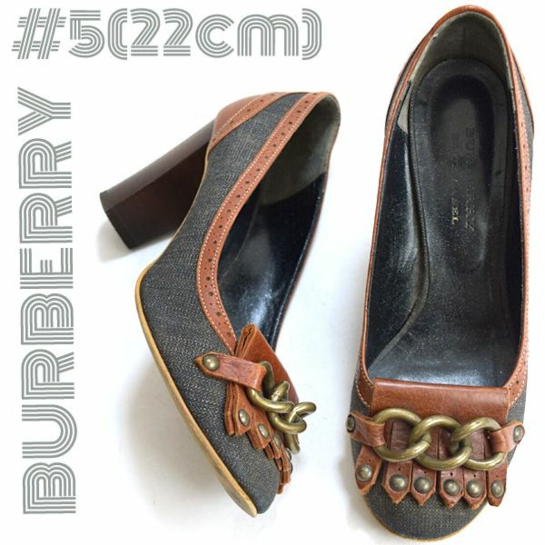 BURBERRY BLUE LABEL(バーバリーブルーレーベル)のバーバリー■レザー×デニム　フリンジパンプス　5（22cm）シューズ靴ラウンド レディースの靴/シューズ(ハイヒール/パンプス)の商品写真