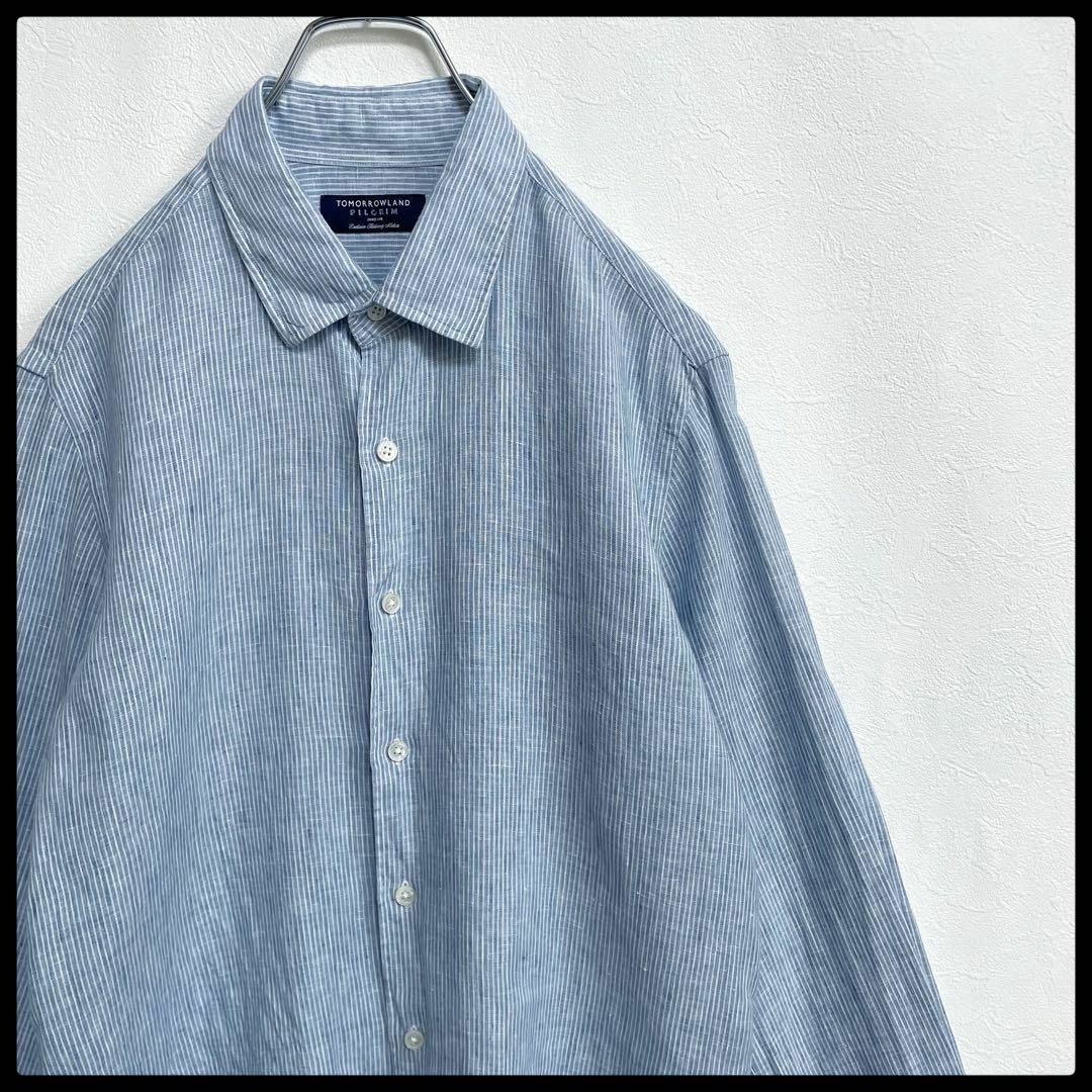ひなの古着屋☪️☪️トゥモローランド　リネン100%　ALBINI　ストライプ　長袖シャツ　ブルー