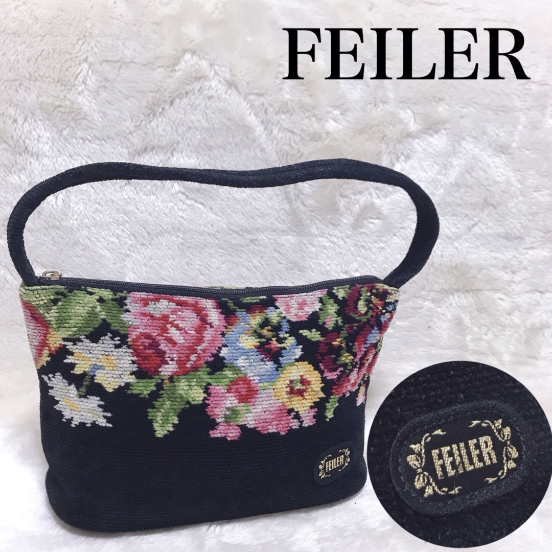 美品 FEILER フェイラー ミニハンドバッグ ショルダーバッグ 花柄 黒 | フリマアプリ ラクマ