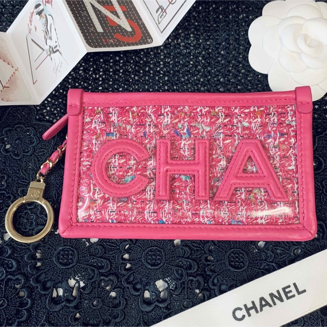 美品♡CHANELシャネル ツイード コインケース カードケース　ピンクチェーンウォレット