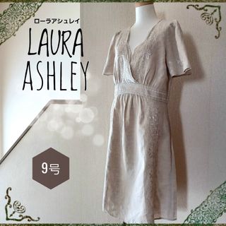 ローラアシュレイ(LAURA ASHLEY)のLAURA ASHLEY☆リネン 花刺繍 ワンピース 9(M相当)(ひざ丈ワンピース)