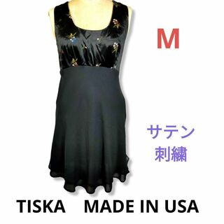 TISKAアメリカ製★フラワー刺繍サテンワンピースM9号黒ブラックノースリーブ(ミニワンピース)