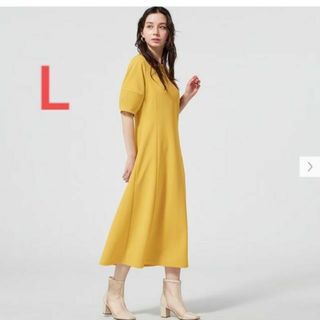 ユニクロ(UNIQLO)の【新品タグ付き】ランタンスリーブワンピース　黄　L ジーユー(ひざ丈ワンピース)