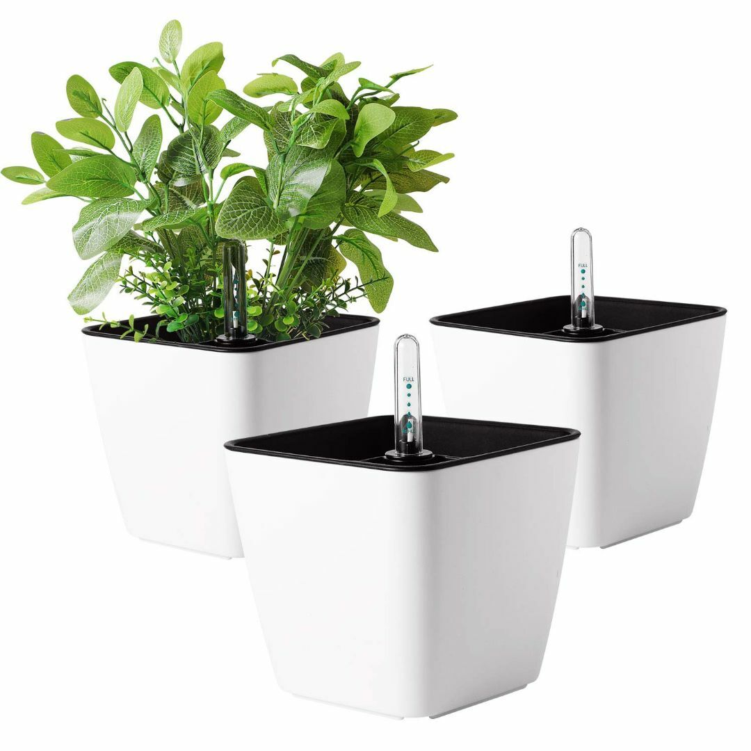 【色: ホワイト】T4U 13.5cm 植木鉢 自己給水プランター 水位計付き