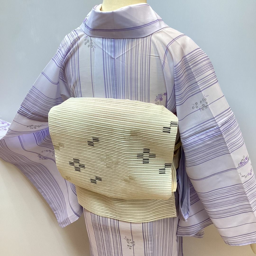 洗える着物 紗夏物小紋 お仕立て上がり 薄紫縞花柄 洗濯可能 新品 wk990t