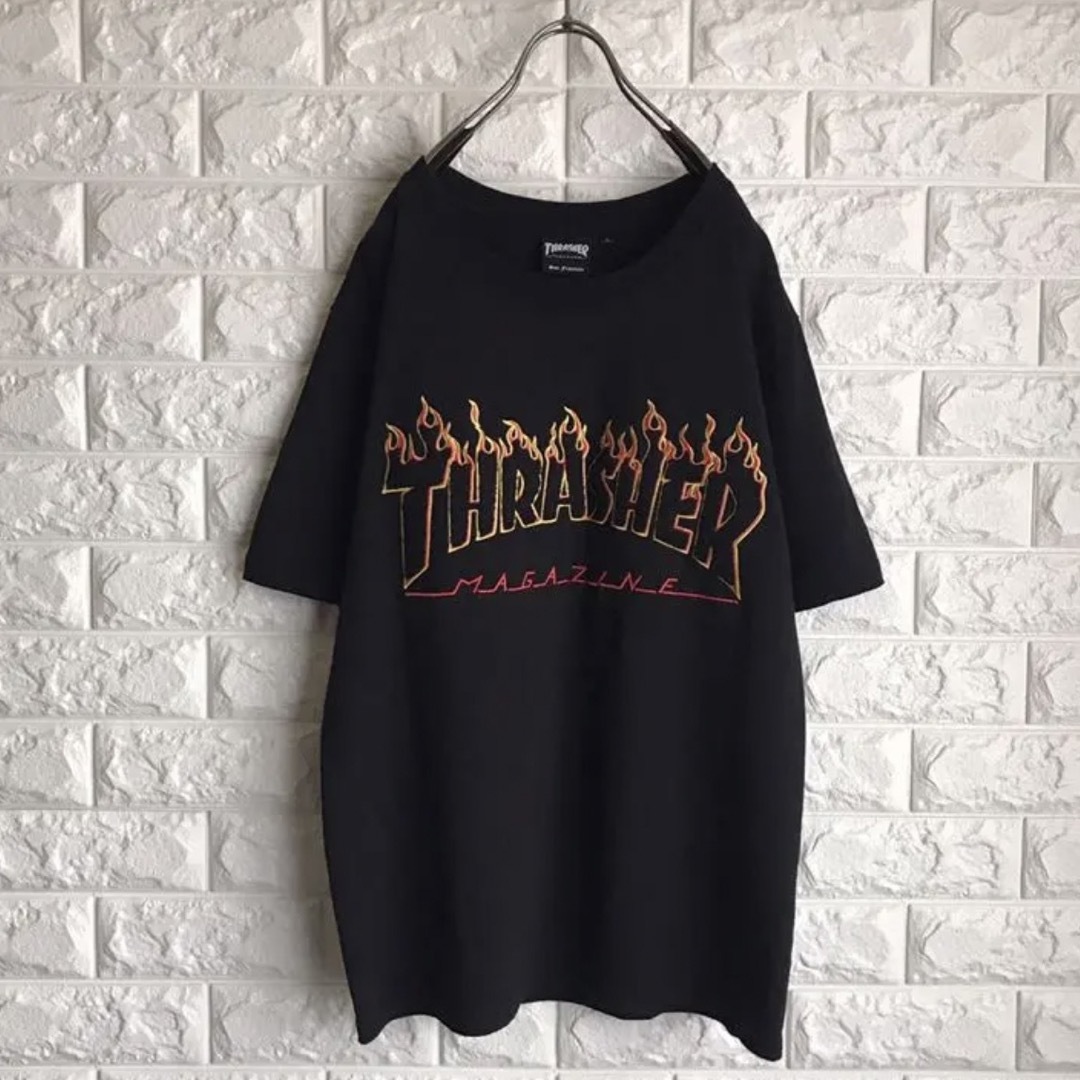 THRASHER ファイヤーパターン 胸ロゴ ワンポイント 黒 ロンT - Tシャツ