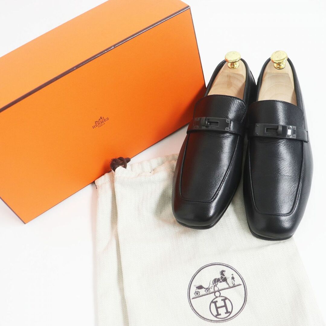 未使用品□HERMES/エルメス デスタン ケリー金具 ロゴ入り スクエアトゥ レザー ローファー/モカシン/フラットシューズ ブラック 39 伊製