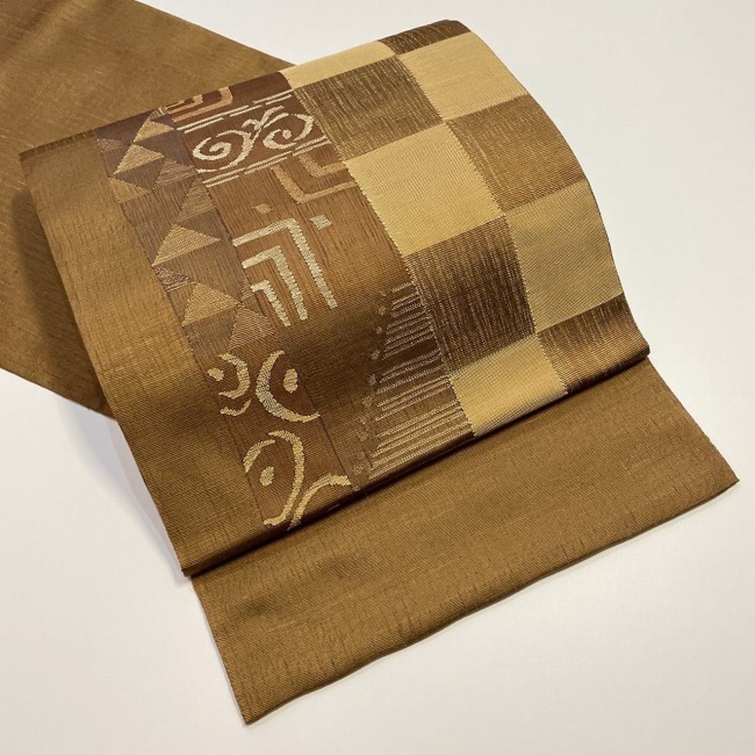 品質保証 ☆未使用 美品 袋帯 茶色 チェック 幾何学☆ r757 着物