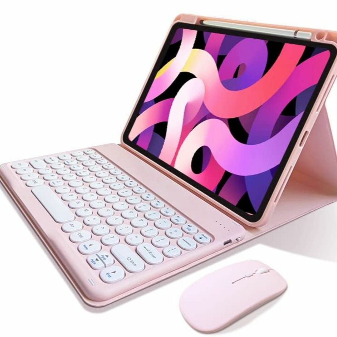 【色: ピンク】マウス付き iPad 10 キーボードケース 丸型キー Appl