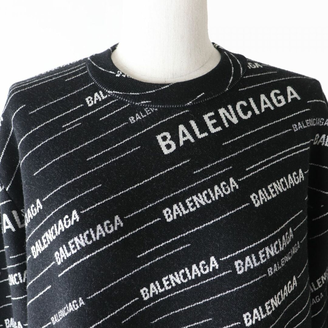 極美品△正規品 BALENCIAGA バレンシアガ 2018年 559078 クルーネック ジャガードロゴ ニット セーター レディース  ブラック×ホワイト XS