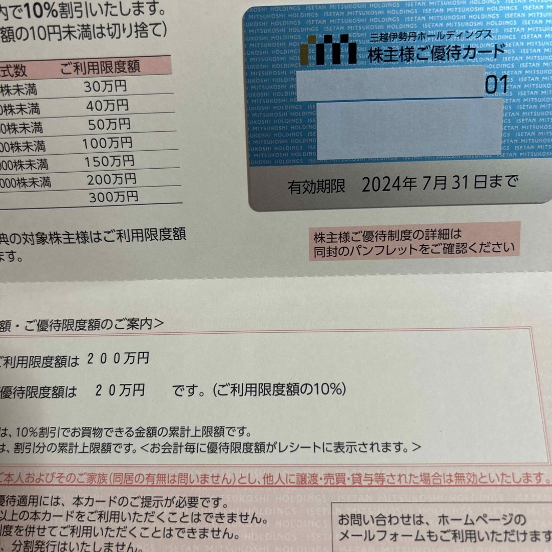 優待券/割引券三越伊勢丹　株主優待　限度額200万