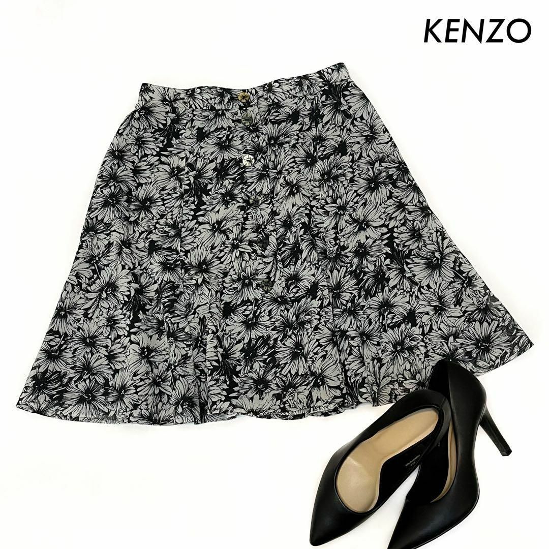 KENZO(ケンゾー)のKENZO ケンゾー★花柄 ミニスカート ひざ上丈 モノクロ センター開き レディースのスカート(ミニスカート)の商品写真