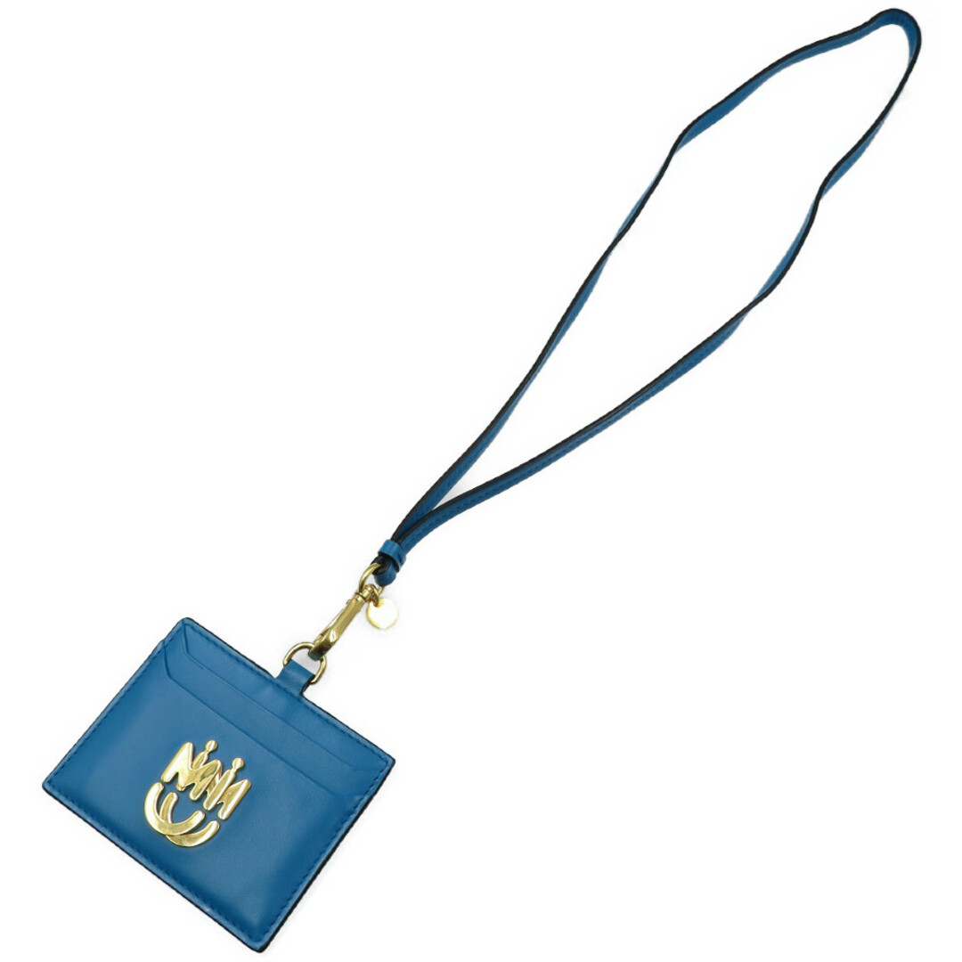 美品 ミュウミュウ レザー ゴールド金具 ブルー ストラップ付き カードケース 0066 MIUMIUカードポケットx3なし