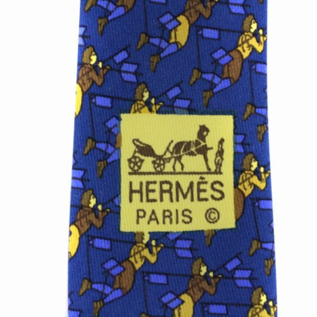 HERMES ネクタイ フライングフライヤーモチーフ 総柄 シルク 青