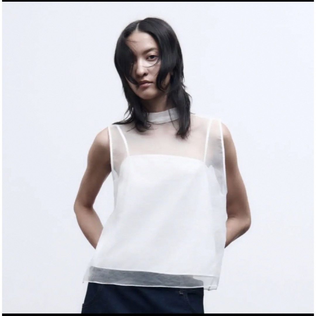 ZARA(ザラ)のZARA 未使用品　ノースリーブ　オーガンザトップス レディースのトップス(Tシャツ(半袖/袖なし))の商品写真