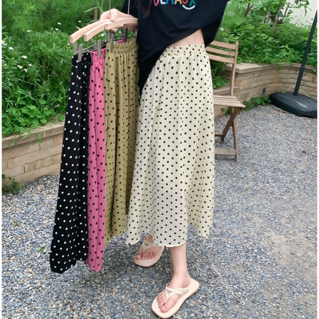 003760 F ドット柄 ロング スカート 春夏服 ボトムス ホワイト