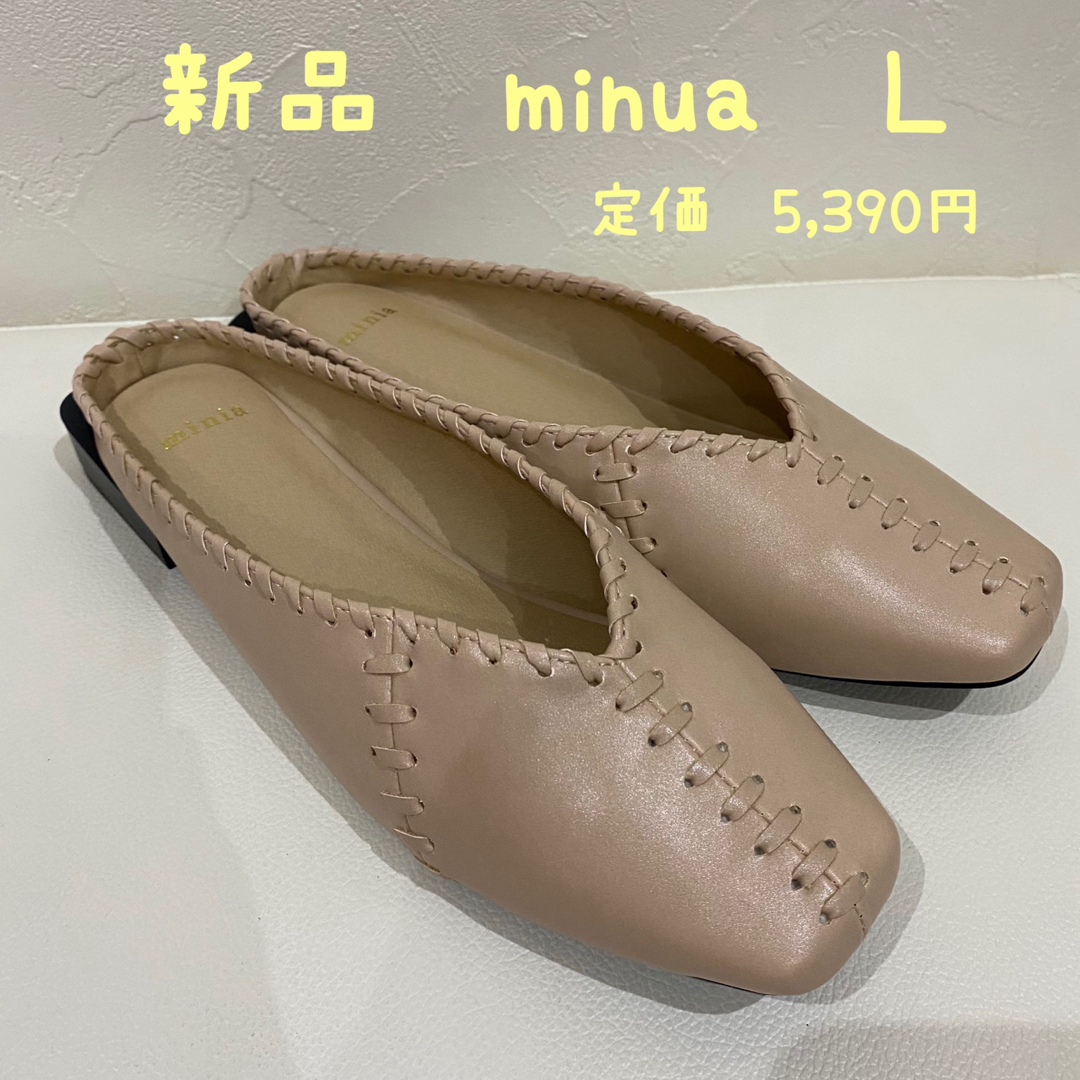 minia(ミニア)の新品　minis かがりステッチバブーシュ　スクエアトゥパンプス　Ｌ レディースの靴/シューズ(ハイヒール/パンプス)の商品写真