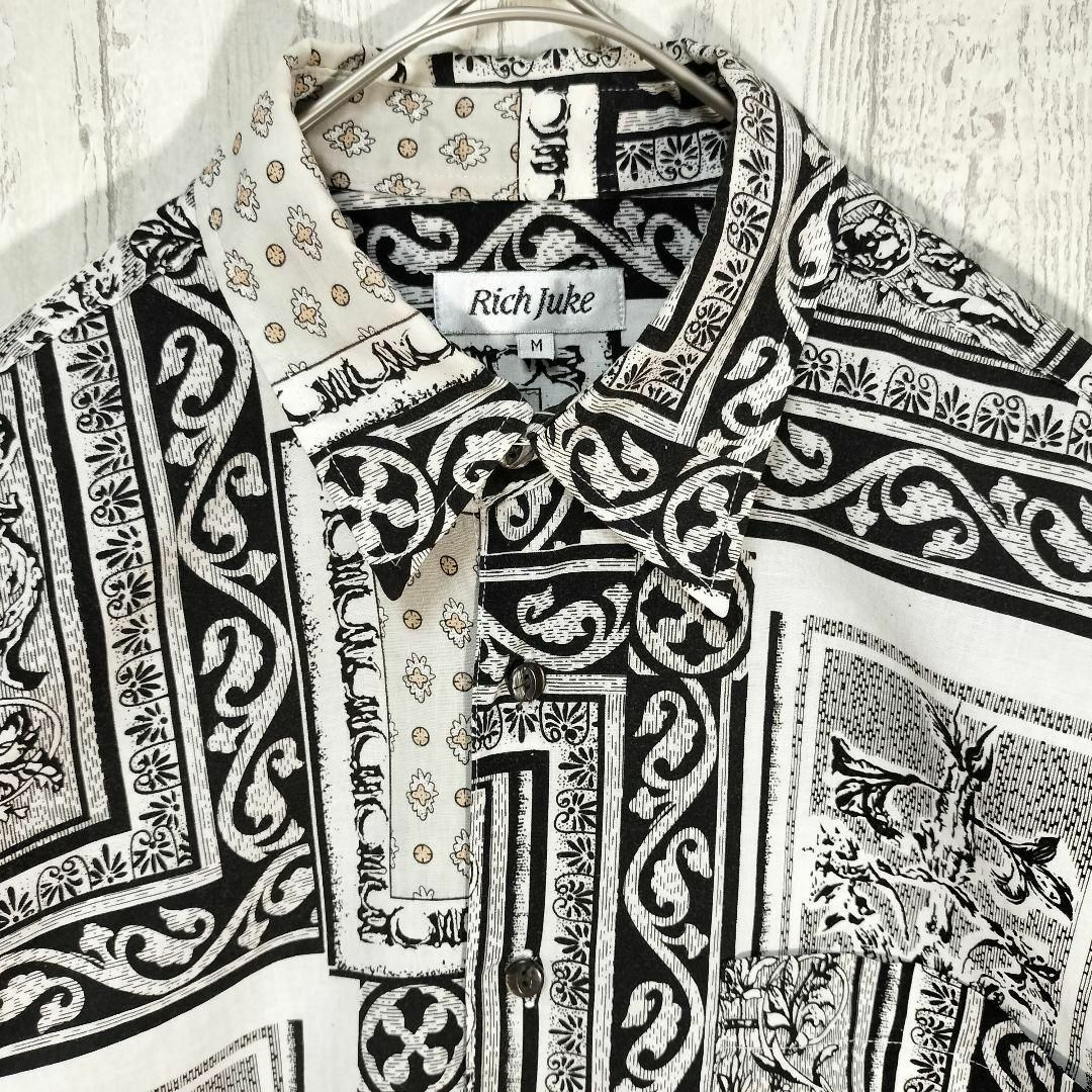 レトロ　総柄　半袖シャツ　ビンテージ　　幾何学　白　黒 4