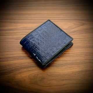 シャイニング クロコダイル メンズ財布 二つ折り 財布 ネイビー 証明証付(折り財布)