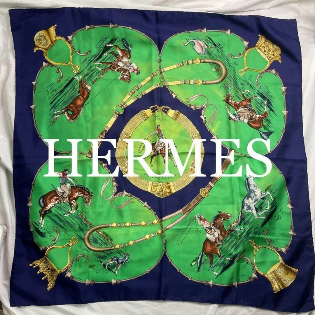 Hermes - HERMES 大判スカーフ シルク100% 馬 ホース ブルー