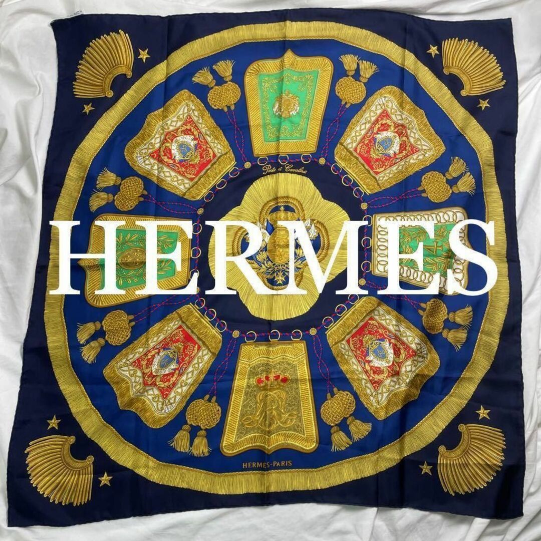 HERMES 大判スカーフ シルク タッセル柄 ブルー ネイビー ヴィンテージ