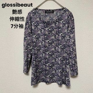 d38 glossibeaut トップス 伸縮性 7分袖 艶感 上品 総柄 花柄(シャツ/ブラウス(長袖/七分))