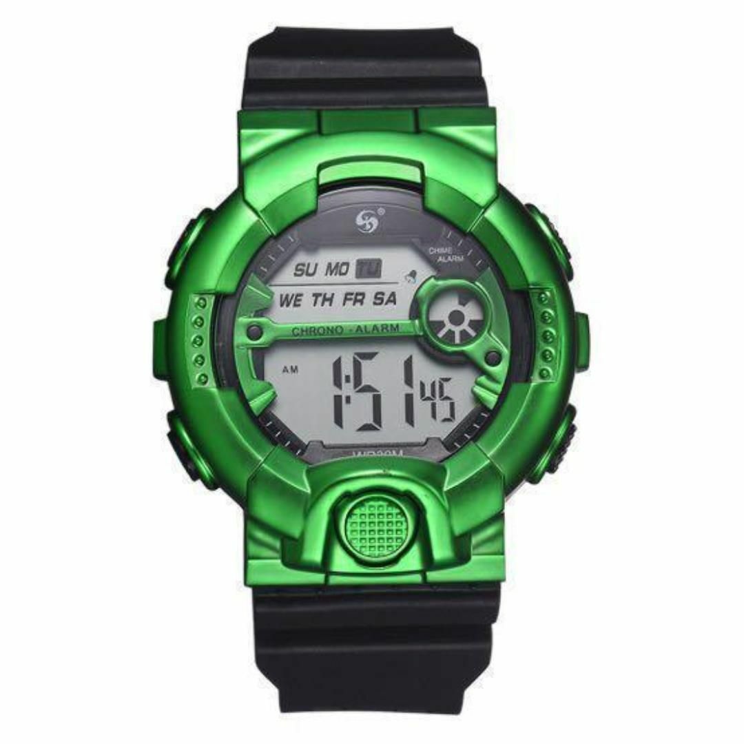 m79☆ＡＯＳＵＮ★腕時計デジタル 多機能LED ブラック×メタルグリーン★ メンズの時計(腕時計(デジタル))の商品写真