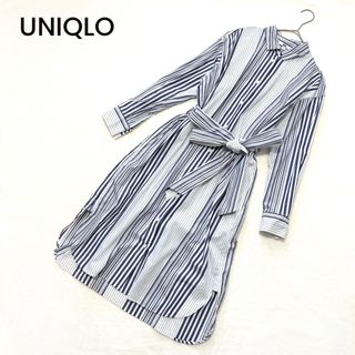 ユニクロ(UNIQLO)の【美品】UNIQLO コットン ストライプ シャツワンピース　長袖　Sサイズ(ひざ丈ワンピース)