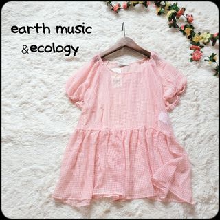 アースミュージックアンドエコロジー(earth music & ecology)のアースミュージック●新品未使用タグ付き♪ギンガムチェック柄ペプラム半袖ブラウス(シャツ/ブラウス(半袖/袖なし))