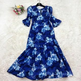 【美品】ハイビスカス柄♡ フラダンス ハワイアン ドレスワンピース マキシ丈 青(ロングワンピース/マキシワンピース)