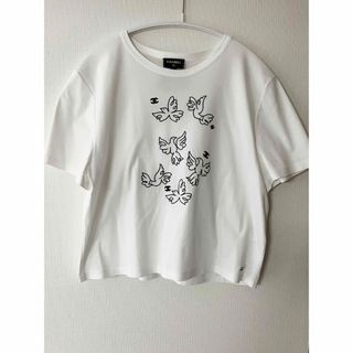 シャネル CHANEL カットソー Tシャツ 半袖 丸首 ワッペン 花 スパンコ