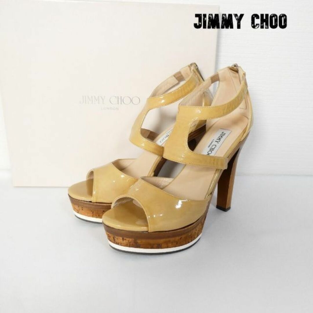 良品 綺麗 JIMMY CHOO エナメル ウッド チャンキーヒール サンダル