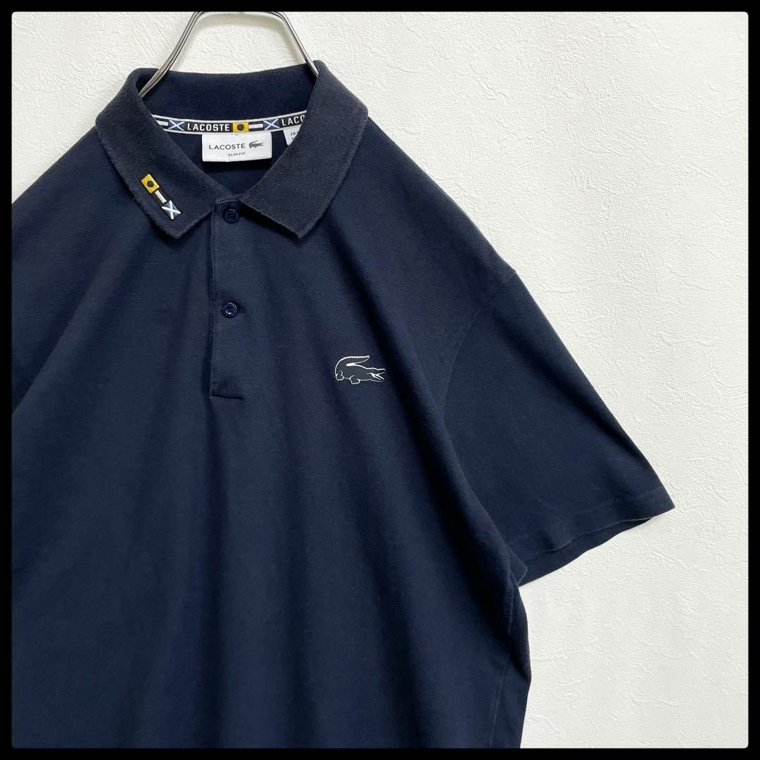 【レアワニ】ラコステ　LACOSTE　国旗ロゴ　鹿の子　半袖ポロシャツ　紺　Ｌ