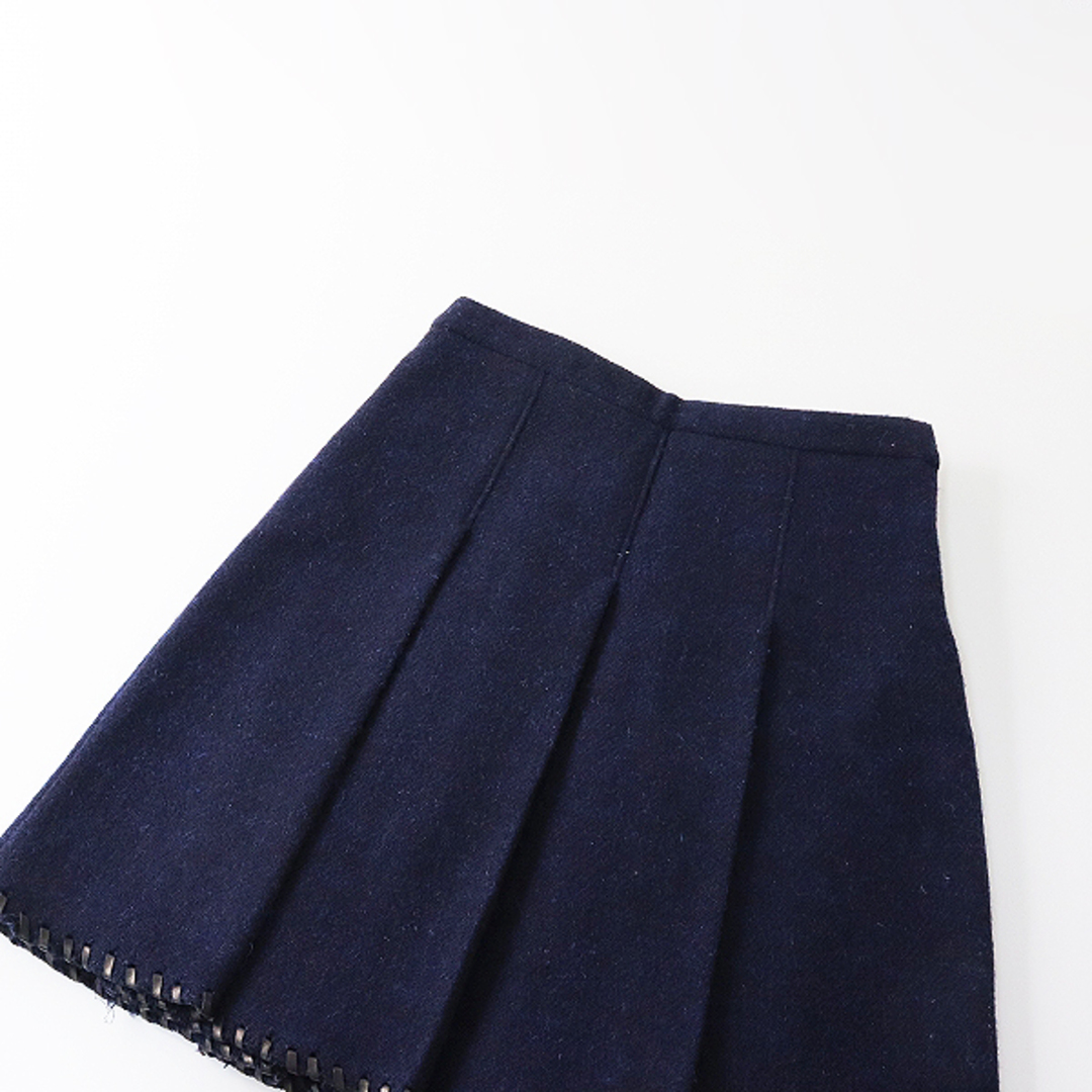 miumiu ミュウミュウ 裾レザー巻き ウールプリーツスカート 38/ネイビー ボトムス【2400013402811】