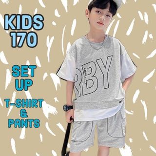 新品☆キッズ 男の子 170 レイヤードセットアップ 上下2点セット グレー(Tシャツ/カットソー)