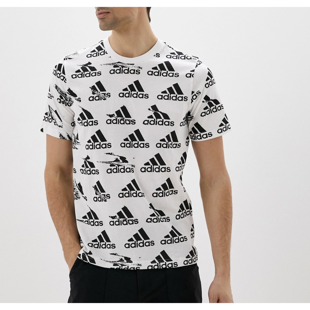 L 新品 adidas アディダス 総柄 ロゴプリント Tシャツ 白