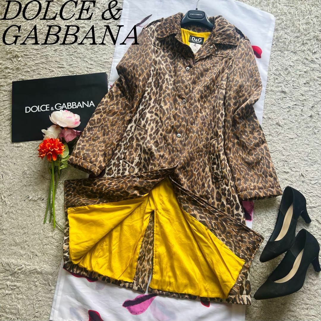 【良品】DOLCE&GABBANA レオパードロングコート イエロー 38