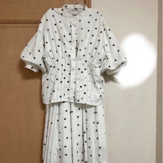ミラオーウェン ドット柄 タックデザインボリュームスリーブ セットアップ
