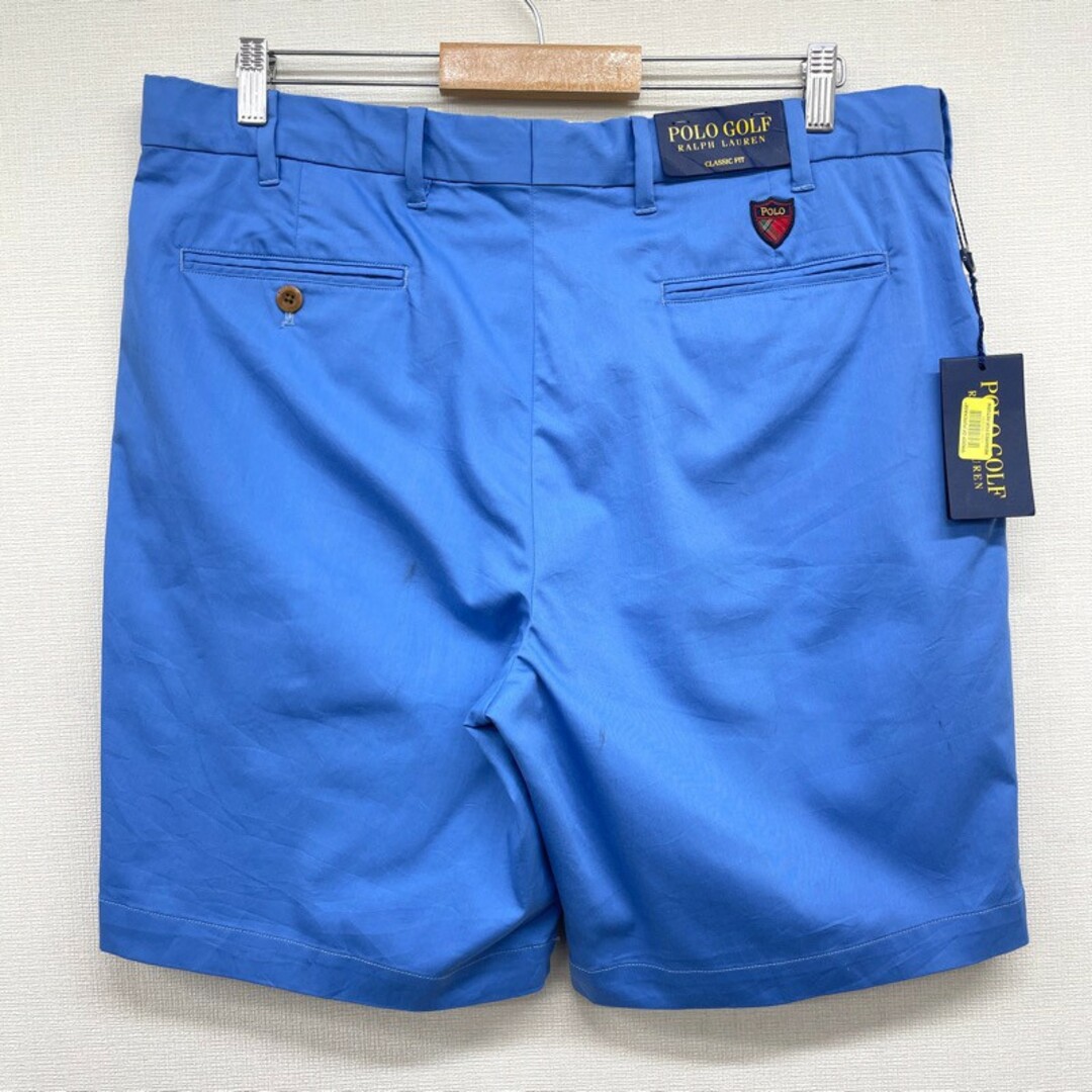 Deadstock ポロ ゴルフ ラルフローレン POLO GOLF RALPH LAUREN チノ ショートパンツ ノータック ワンポイント ロゴ ワッペン ひざ丈 ワイド ストレッチ GOLF CLASSIC FIT サイズ:W38 ライトブルー 【新古品】