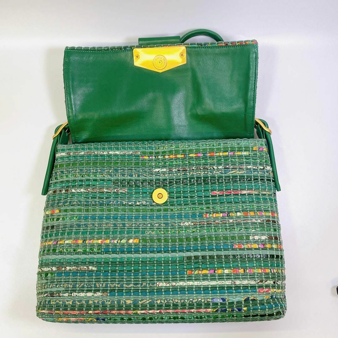 2107未使用 定価9.8万円 レザー 編み込み ハンド バッグ グリーン 緑