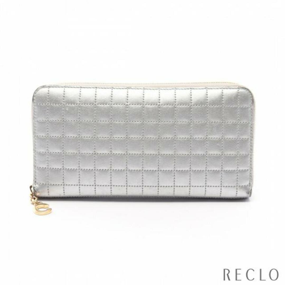 celine - ラウンドファスナー長財布 レザー シルバー キルティングの