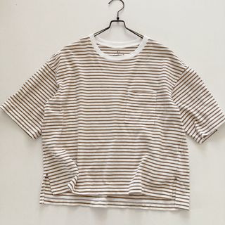 ムジルシリョウヒン(MUJI (無印良品))の【無印良品】ボーダーTシャツ 細ボーダー ポケT 茶色(Tシャツ(半袖/袖なし))