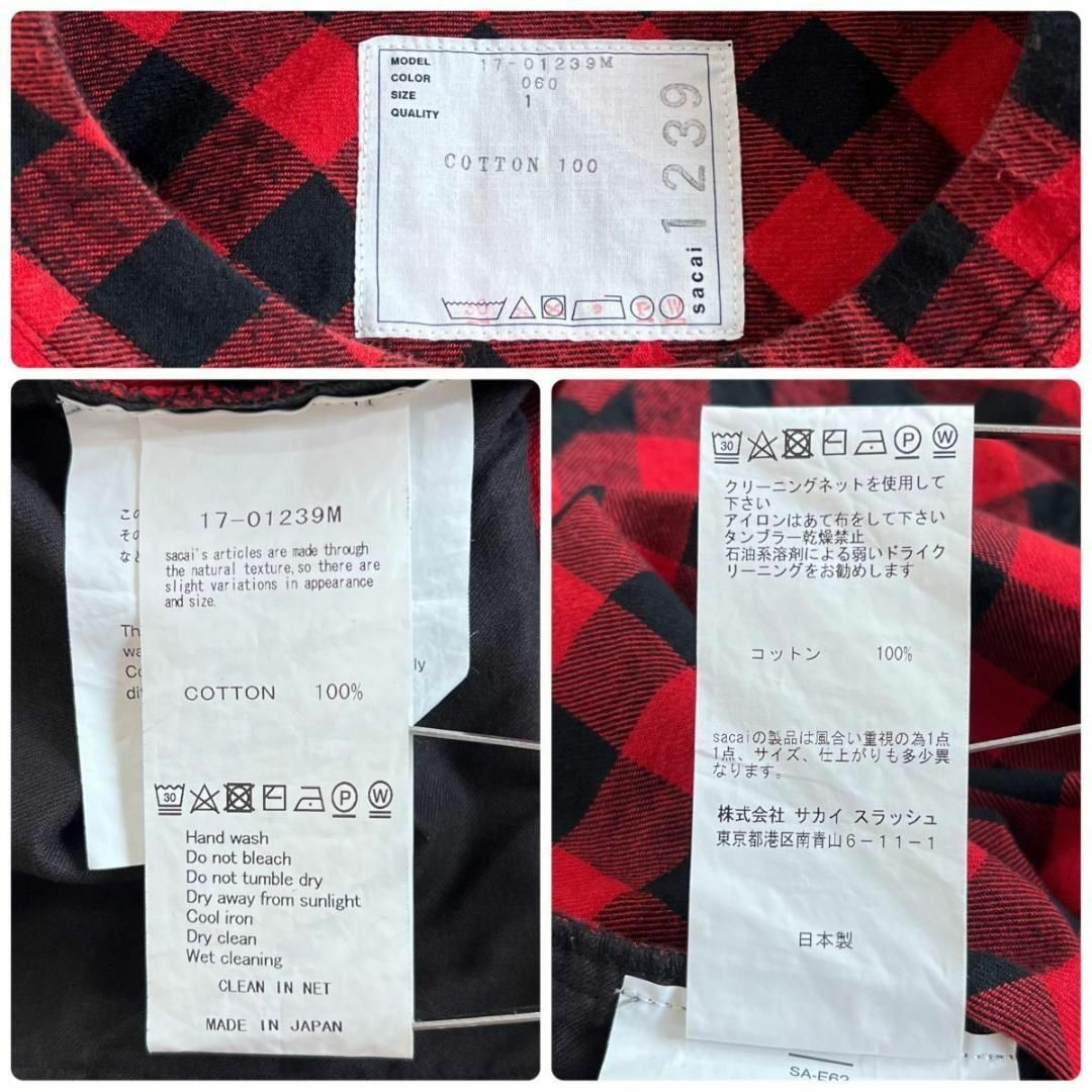 sacai サカイ チェック柄 半袖 プルオーバー シャツ 1 メンズ 赤 黒