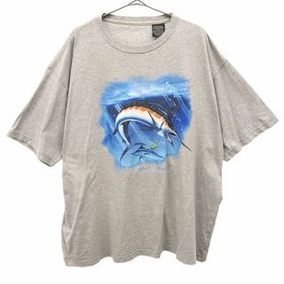 ブルー　マリーン プリント 半袖 Tシャツ XL グレー Blue Marlin メンズ 【中古】  【230706】(Tシャツ/カットソー(半袖/袖なし))