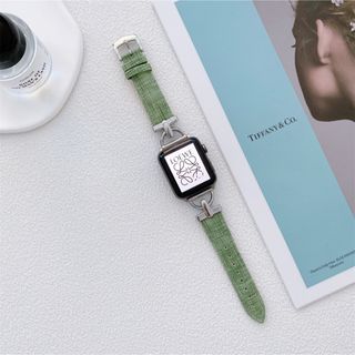 Applewatch フェイクレザー バンド ベルト 木目調 パステル グリーン(腕時計)