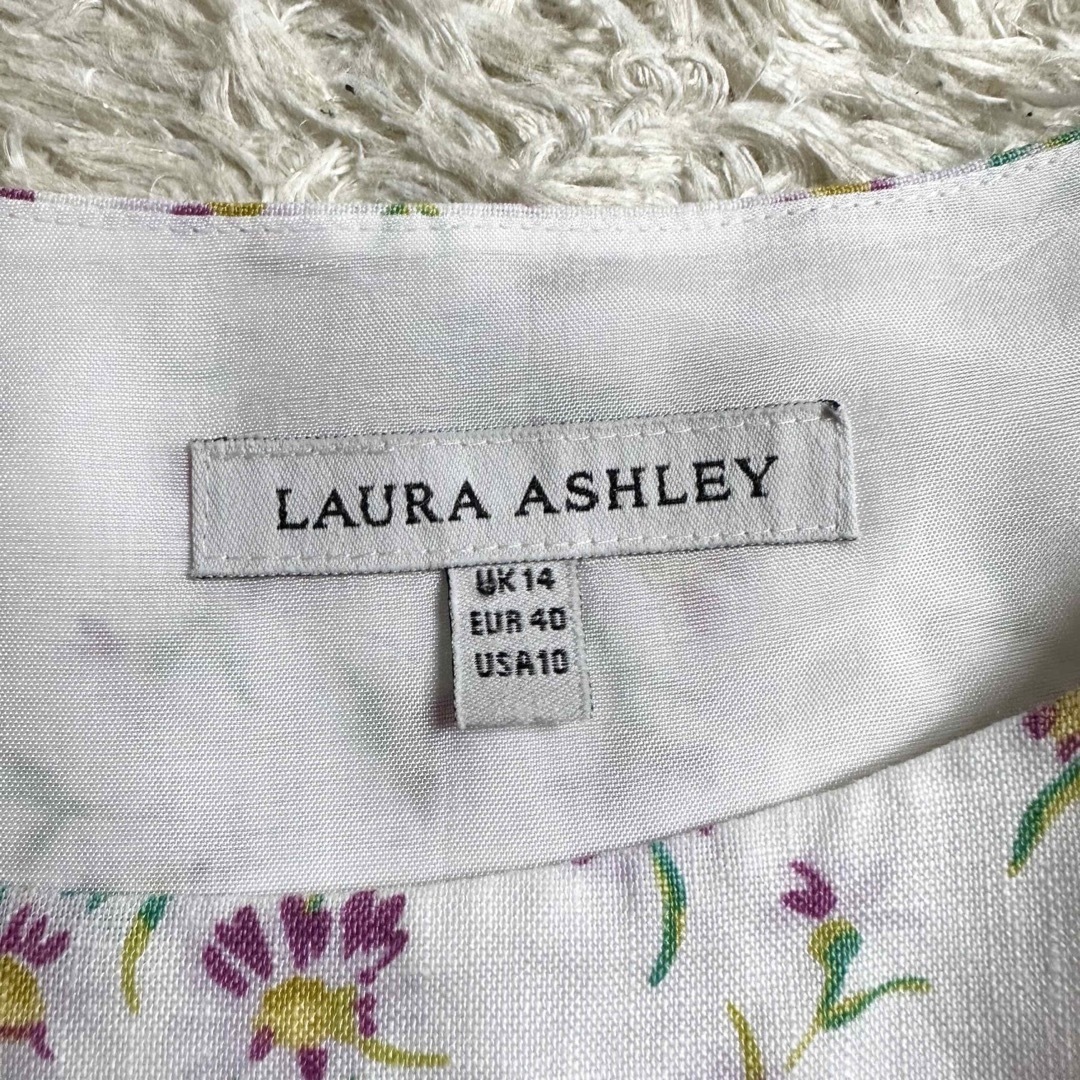 LAURA ASHLEY(ローラアシュレイ)のリネン100% ꕤ ローラアシュレイ ノースリーブ  ワンピース 花柄 UK14 レディースのワンピース(ロングワンピース/マキシワンピース)の商品写真