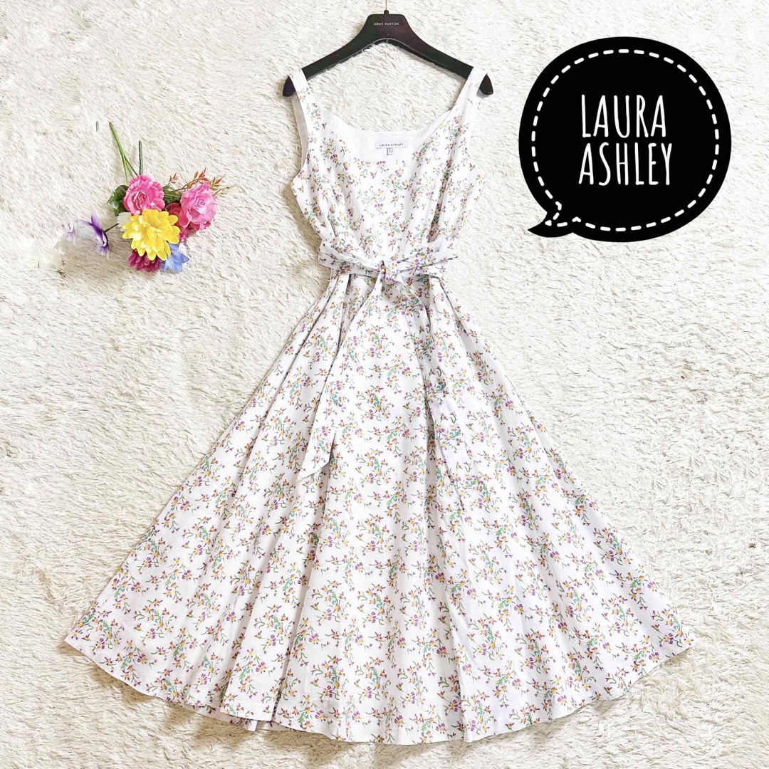 LAURA ASHLEY(ローラアシュレイ)のリネン100% ꕤ ローラアシュレイ ノースリーブ  ワンピース 花柄 UK14 レディースのワンピース(ロングワンピース/マキシワンピース)の商品写真