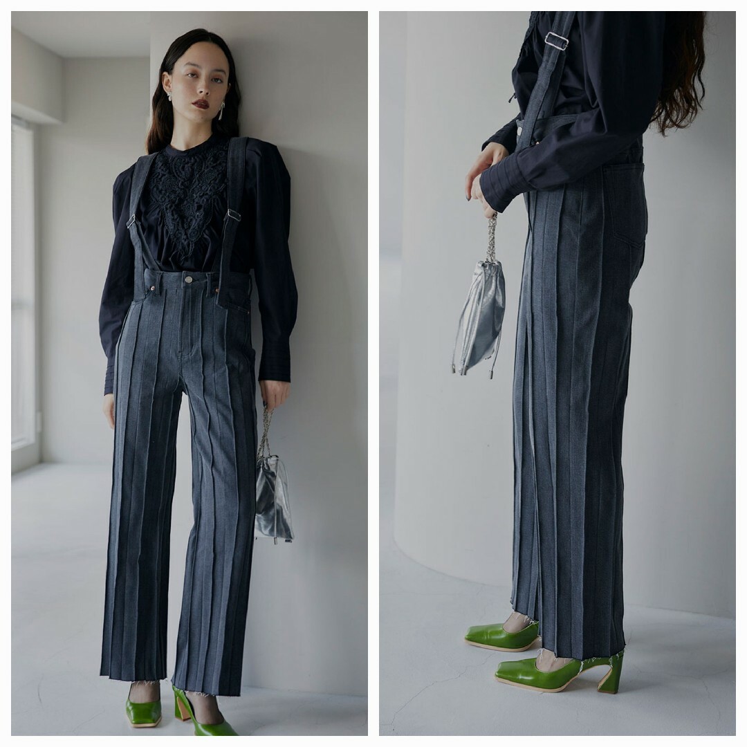 PLEATS DENIM SUSPENDER PANTS