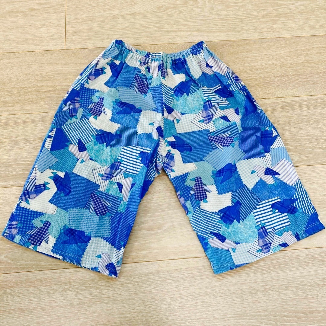 被り　紐なし　甚平　ハンドメイド　ブルー系　ペンギン柄　140センチ　 キッズ/ベビー/マタニティのキッズ服男の子用(90cm~)(甚平/浴衣)の商品写真