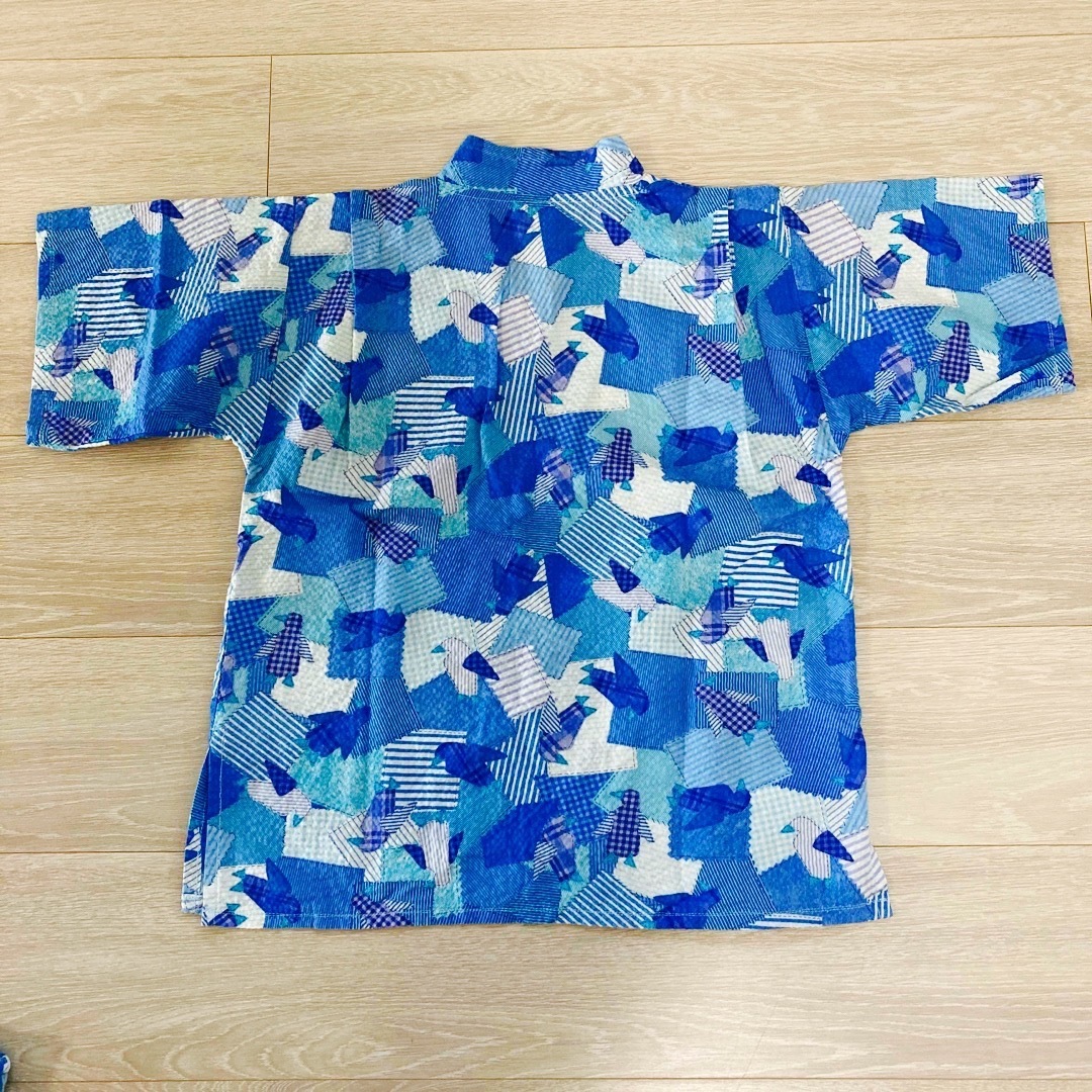 被り　紐なし　甚平　ハンドメイド　ブルー系　ペンギン柄　140センチ　 キッズ/ベビー/マタニティのキッズ服男の子用(90cm~)(甚平/浴衣)の商品写真